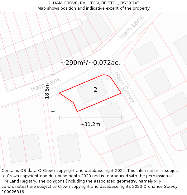 2, HAM GROVE, PAULTON, BRISTOL, BS39 7XT: Plot and title map