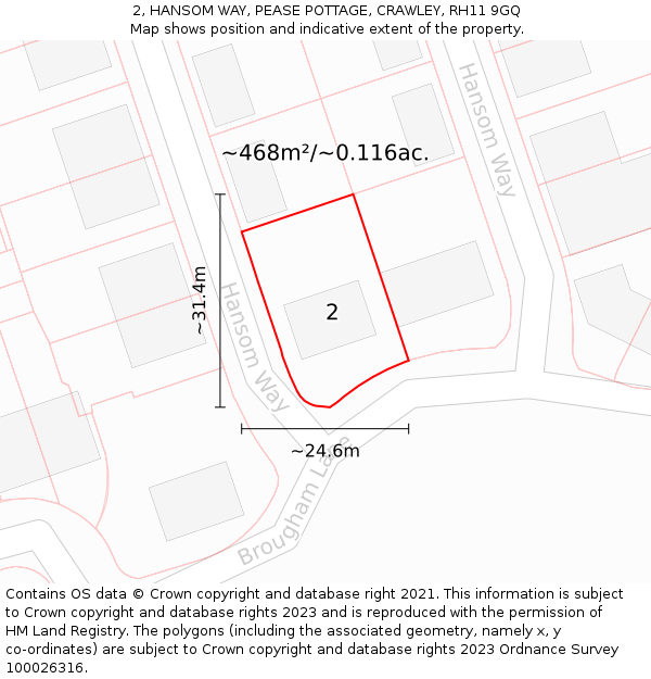 2, HANSOM WAY, PEASE POTTAGE, CRAWLEY, RH11 9GQ: Plot and title map