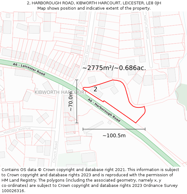 2, HARBOROUGH ROAD, KIBWORTH HARCOURT, LEICESTER, LE8 0JH: Plot and title map