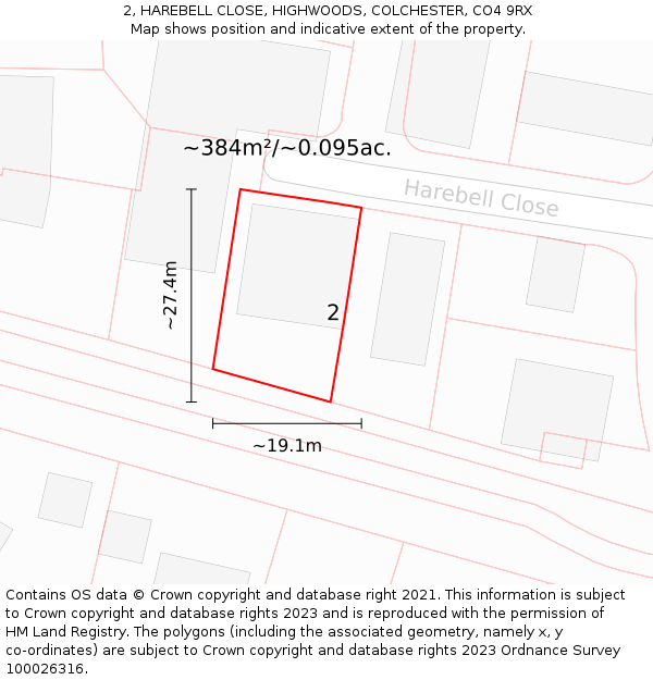 2, HAREBELL CLOSE, HIGHWOODS, COLCHESTER, CO4 9RX: Plot and title map