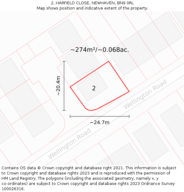 2, HARFIELD CLOSE, NEWHAVEN, BN9 0RL: Plot and title map