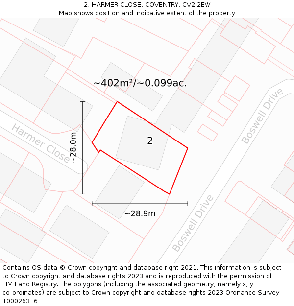 2, HARMER CLOSE, COVENTRY, CV2 2EW: Plot and title map