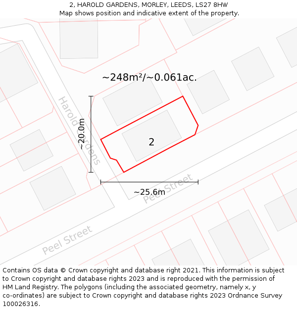 2, HAROLD GARDENS, MORLEY, LEEDS, LS27 8HW: Plot and title map