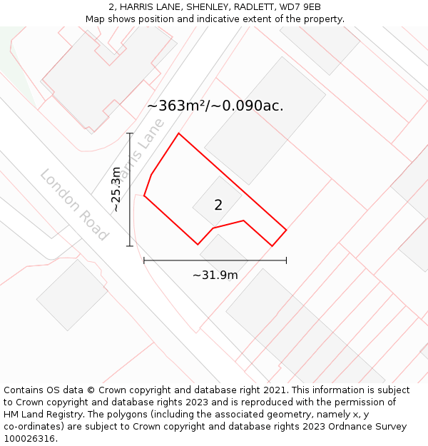 2, HARRIS LANE, SHENLEY, RADLETT, WD7 9EB: Plot and title map