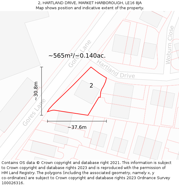 2, HARTLAND DRIVE, MARKET HARBOROUGH, LE16 8JA: Plot and title map