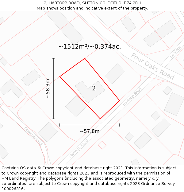 2, HARTOPP ROAD, SUTTON COLDFIELD, B74 2RH: Plot and title map