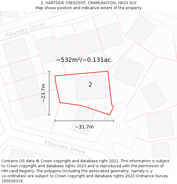 2, HARTSIDE CRESCENT, CRAMLINGTON, NE23 3UY: Plot and title map