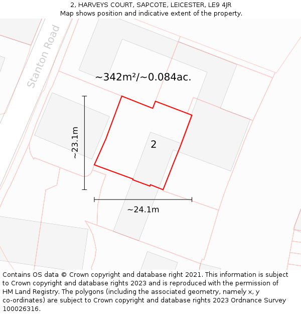 2, HARVEYS COURT, SAPCOTE, LEICESTER, LE9 4JR: Plot and title map