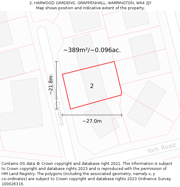 2, HARWOOD GARDENS, GRAPPENHALL, WARRINGTON, WA4 2JY: Plot and title map