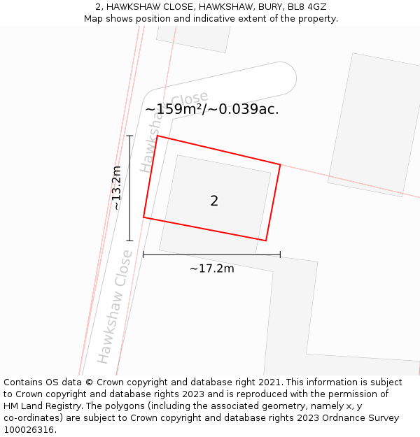 2, HAWKSHAW CLOSE, HAWKSHAW, BURY, BL8 4GZ: Plot and title map