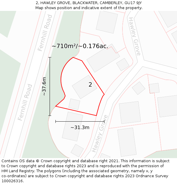 2, HAWLEY GROVE, BLACKWATER, CAMBERLEY, GU17 9JY: Plot and title map