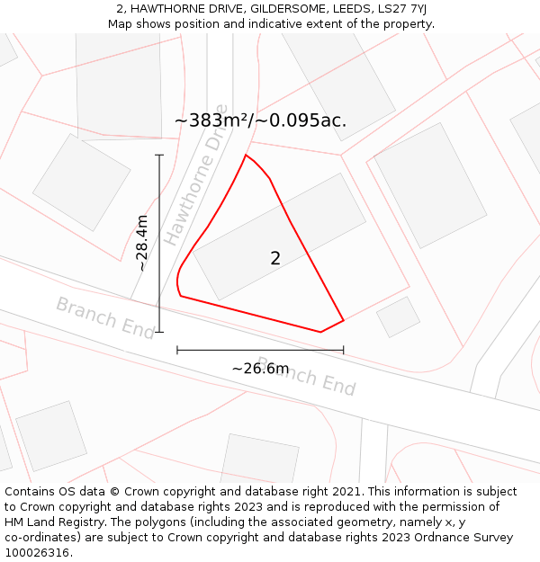 2, HAWTHORNE DRIVE, GILDERSOME, LEEDS, LS27 7YJ: Plot and title map