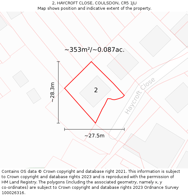 2, HAYCROFT CLOSE, COULSDON, CR5 1JU: Plot and title map