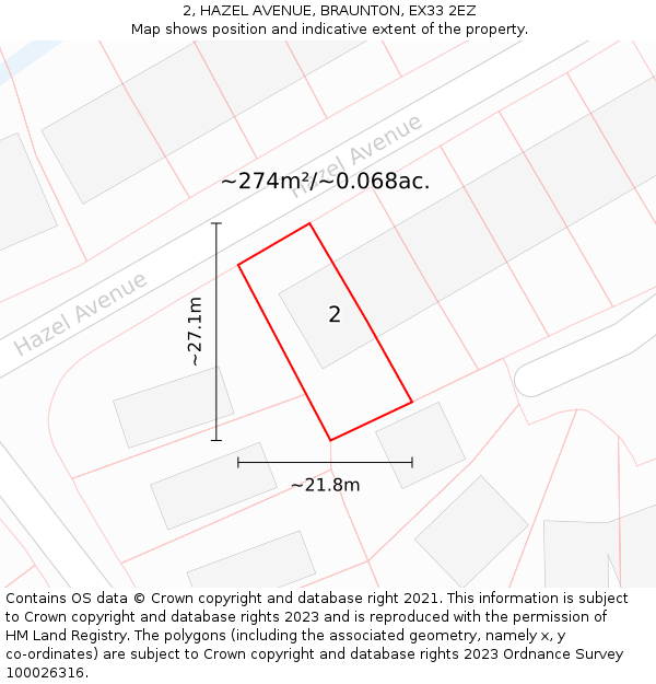 2, HAZEL AVENUE, BRAUNTON, EX33 2EZ: Plot and title map