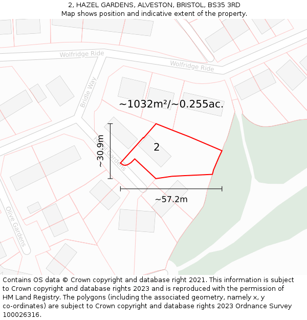 2, HAZEL GARDENS, ALVESTON, BRISTOL, BS35 3RD: Plot and title map