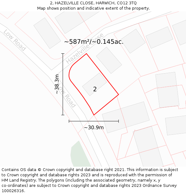 2, HAZELVILLE CLOSE, HARWICH, CO12 3TQ: Plot and title map