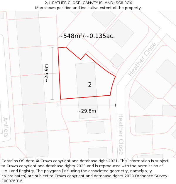 2, HEATHER CLOSE, CANVEY ISLAND, SS8 0GX: Plot and title map