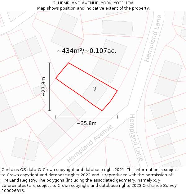 2, HEMPLAND AVENUE, YORK, YO31 1DA: Plot and title map