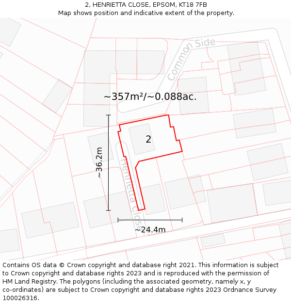 2, HENRIETTA CLOSE, EPSOM, KT18 7FB: Plot and title map