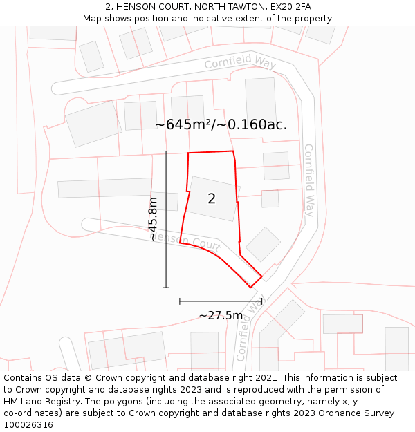 2, HENSON COURT, NORTH TAWTON, EX20 2FA: Plot and title map