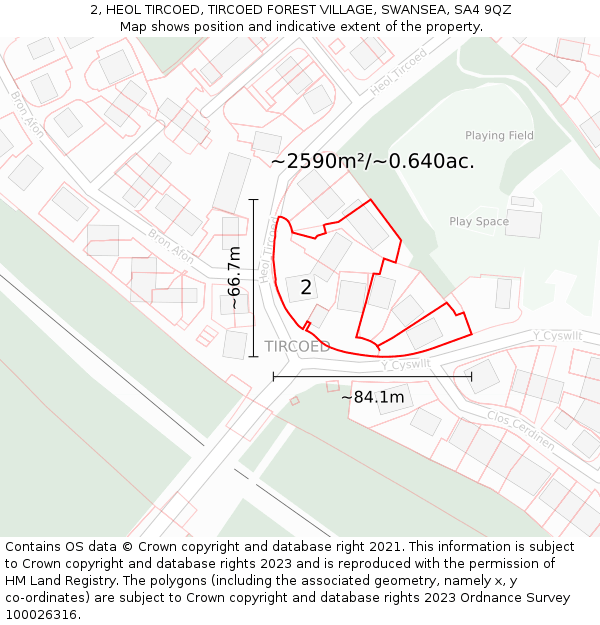 2, HEOL TIRCOED, TIRCOED FOREST VILLAGE, SWANSEA, SA4 9QZ: Plot and title map