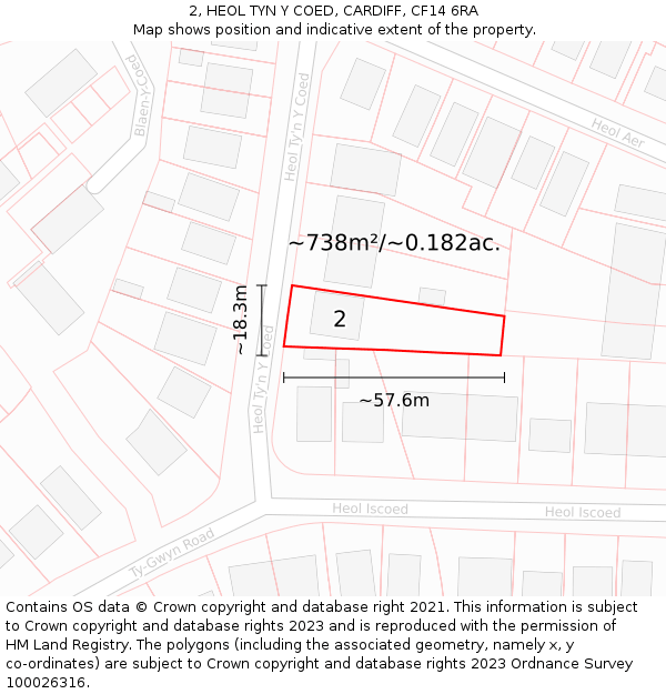 2, HEOL TYN Y COED, CARDIFF, CF14 6RA: Plot and title map