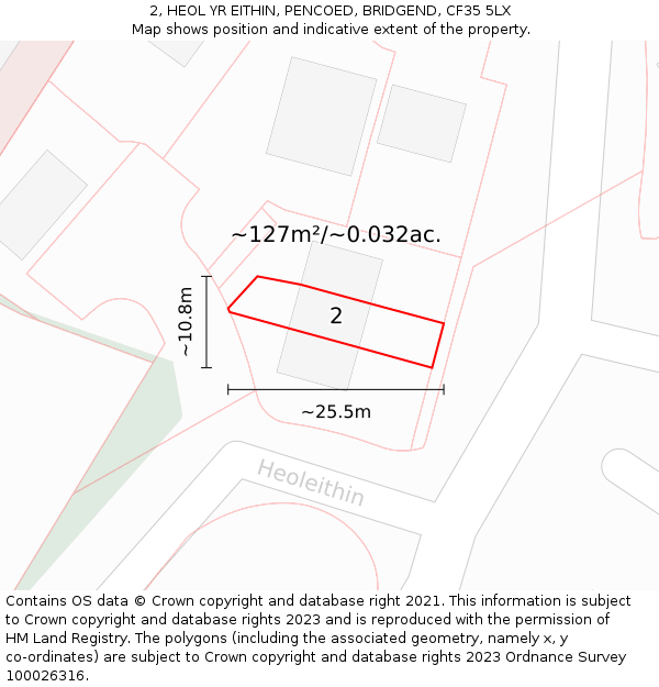 2, HEOL YR EITHIN, PENCOED, BRIDGEND, CF35 5LX: Plot and title map