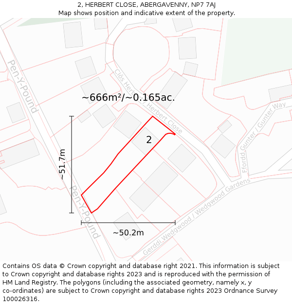 2, HERBERT CLOSE, ABERGAVENNY, NP7 7AJ: Plot and title map