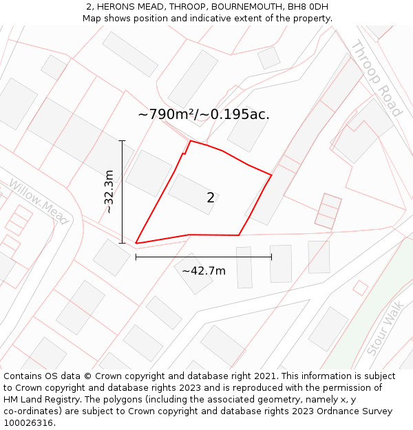 2, HERONS MEAD, THROOP, BOURNEMOUTH, BH8 0DH: Plot and title map