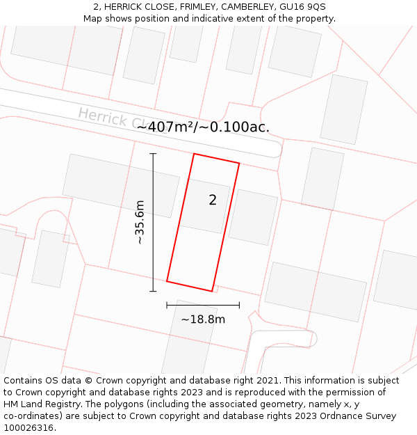 2, HERRICK CLOSE, FRIMLEY, CAMBERLEY, GU16 9QS: Plot and title map