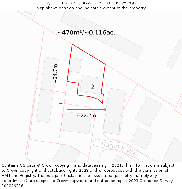 2, HETTIE CLOSE, BLAKENEY, HOLT, NR25 7QU: Plot and title map