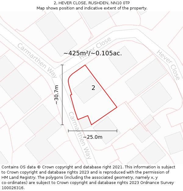 2, HEVER CLOSE, RUSHDEN, NN10 0TP: Plot and title map