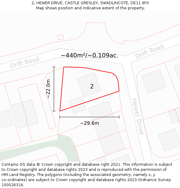 2, HEWER DRIVE, CASTLE GRESLEY, SWADLINCOTE, DE11 9FX: Plot and title map