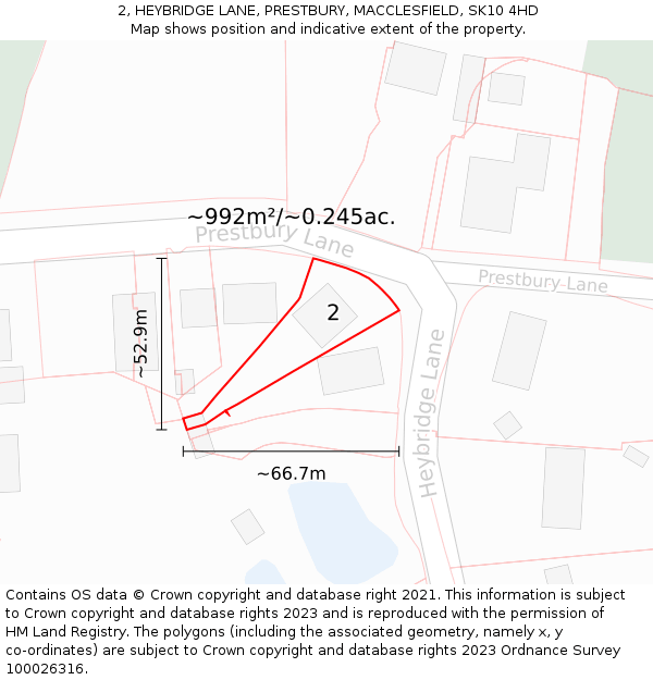 2, HEYBRIDGE LANE, PRESTBURY, MACCLESFIELD, SK10 4HD: Plot and title map