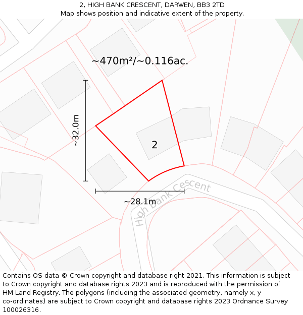 2, HIGH BANK CRESCENT, DARWEN, BB3 2TD: Plot and title map