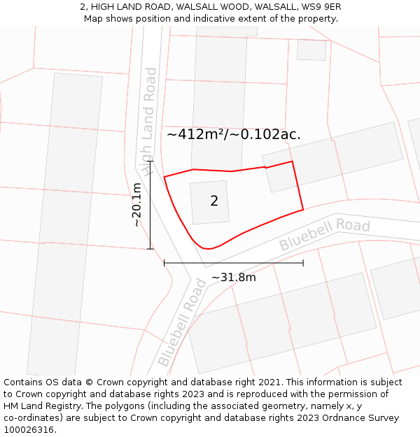 2, HIGH LAND ROAD, WALSALL WOOD, WALSALL, WS9 9ER: Plot and title map
