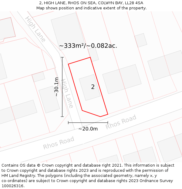 2, HIGH LANE, RHOS ON SEA, COLWYN BAY, LL28 4SA: Plot and title map