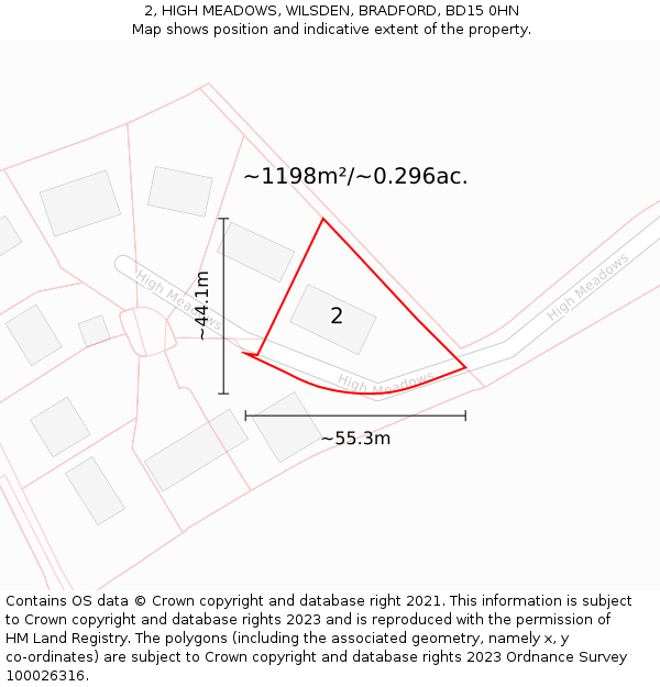 2, HIGH MEADOWS, WILSDEN, BRADFORD, BD15 0HN: Plot and title map