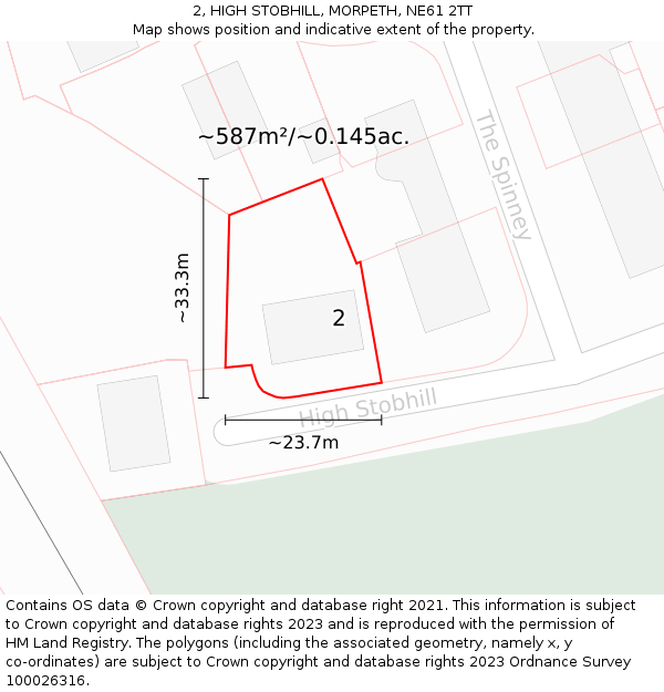 2, HIGH STOBHILL, MORPETH, NE61 2TT: Plot and title map