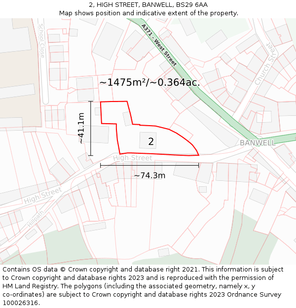 2, HIGH STREET, BANWELL, BS29 6AA: Plot and title map