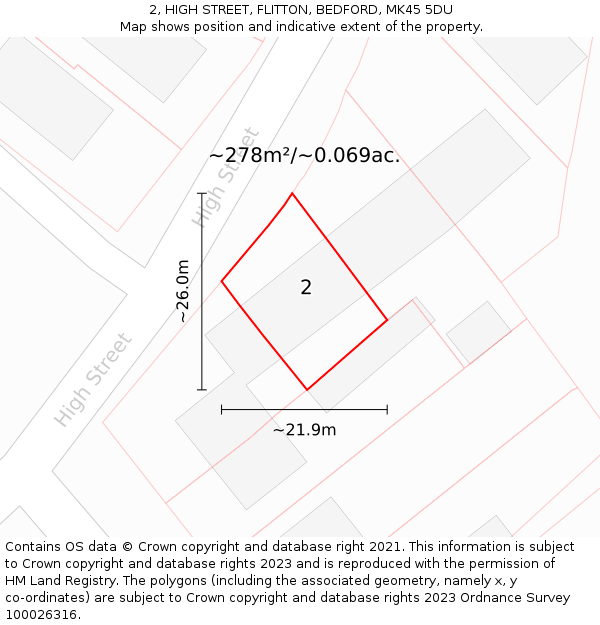 2, HIGH STREET, FLITTON, BEDFORD, MK45 5DU: Plot and title map