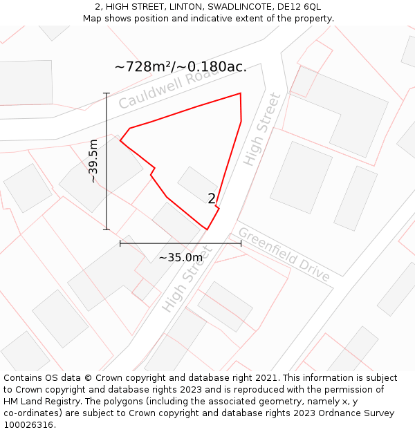 2, HIGH STREET, LINTON, SWADLINCOTE, DE12 6QL: Plot and title map