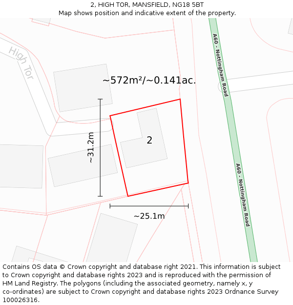 2, HIGH TOR, MANSFIELD, NG18 5BT: Plot and title map