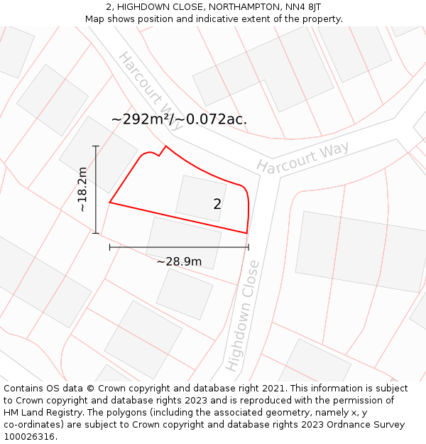 2, HIGHDOWN CLOSE, NORTHAMPTON, NN4 8JT: Plot and title map