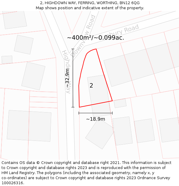 2, HIGHDOWN WAY, FERRING, WORTHING, BN12 6QG: Plot and title map