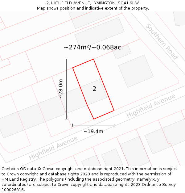 2, HIGHFIELD AVENUE, LYMINGTON, SO41 9HW: Plot and title map