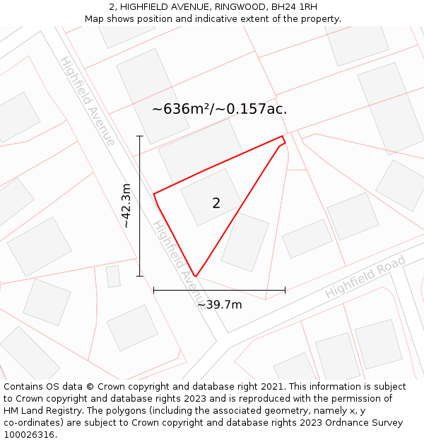 2, HIGHFIELD AVENUE, RINGWOOD, BH24 1RH: Plot and title map