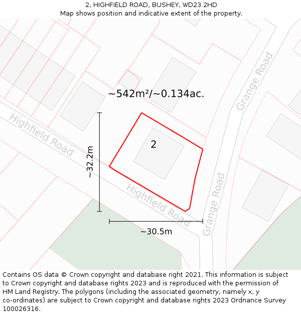 2, HIGHFIELD ROAD, BUSHEY, WD23 2HD: Plot and title map