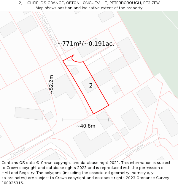 2, HIGHFIELDS GRANGE, ORTON LONGUEVILLE, PETERBOROUGH, PE2 7EW: Plot and title map