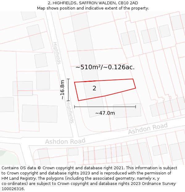 2, HIGHFIELDS, SAFFRON WALDEN, CB10 2AD: Plot and title map